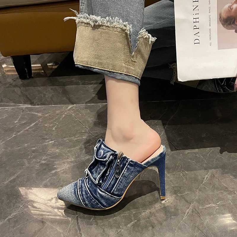 Womens 2024Summer New Fashion Pointed Toe Retro Denim Women's Slippers Outdoor Casual Comfortable Party Dress Women's High Heels