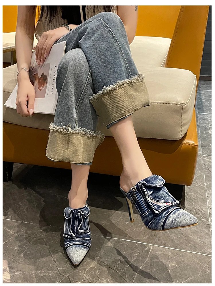 Womens 2024Summer New Fashion Pointed Toe Retro Denim Women's Slippers Outdoor Casual Comfortable Party Dress Women's High Heels