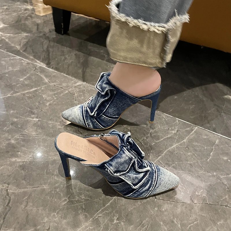 Womens 2024Summer New Fashion Pointed Toe Retro Denim Women's Slippers Outdoor Casual Comfortable Party Dress Women's High Heels