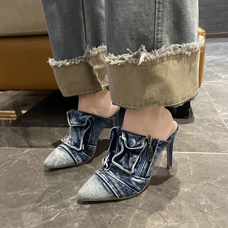 Womens 2024Summer New Fashion Pointed Toe Retro Denim Women's Slippers Outdoor Casual Comfortable Party Dress Women's High Heels