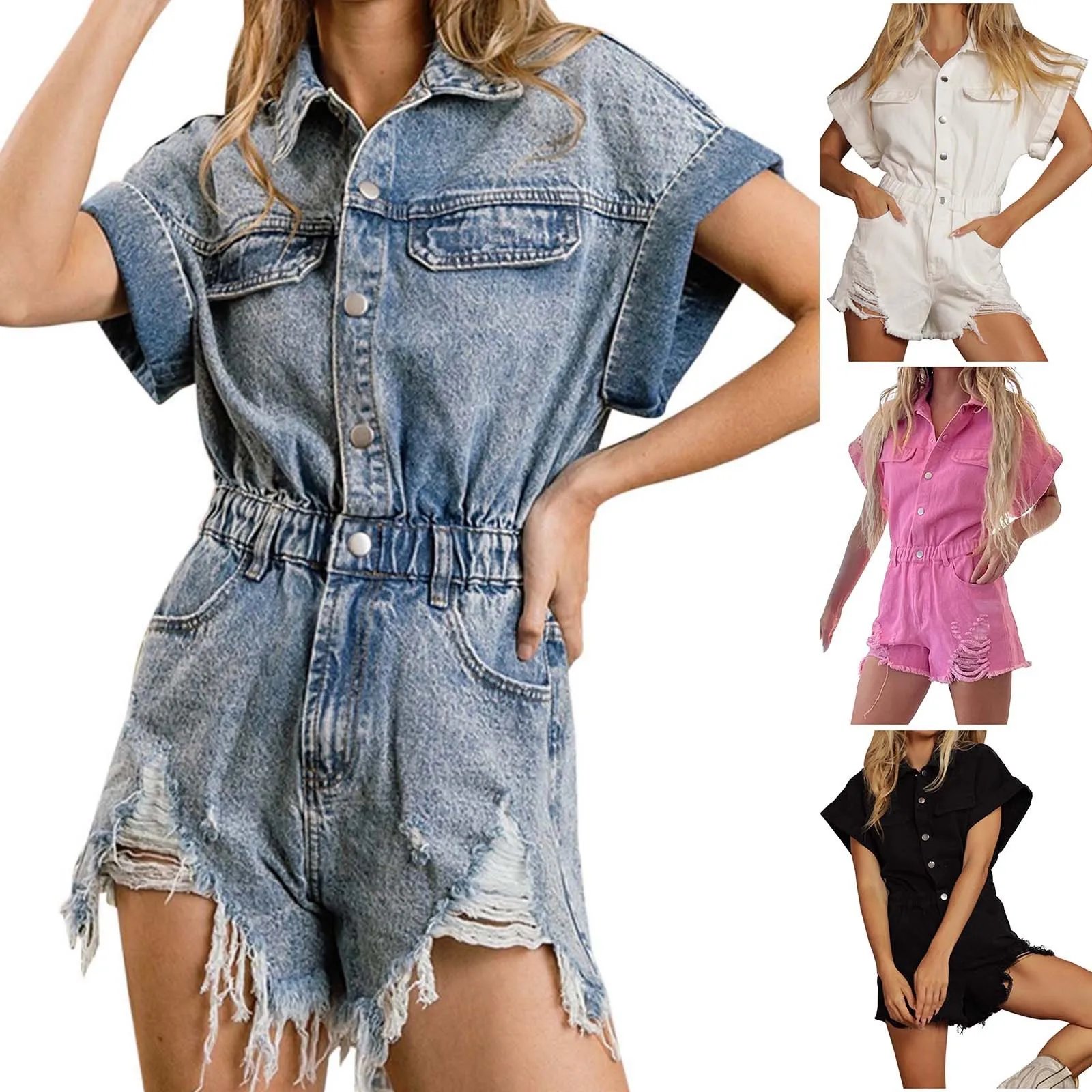 Ladies Summer Distressed Denim Jumpsuit Shorts With Elastic Waist & Short Sleeves Women Fashion Casual Basic Short Pants Ladies Summer Distressed Denim Jumpsuit Shorts With Elastic Waist & Short Sleeves Women Fashion Casual Basic Short Pants
