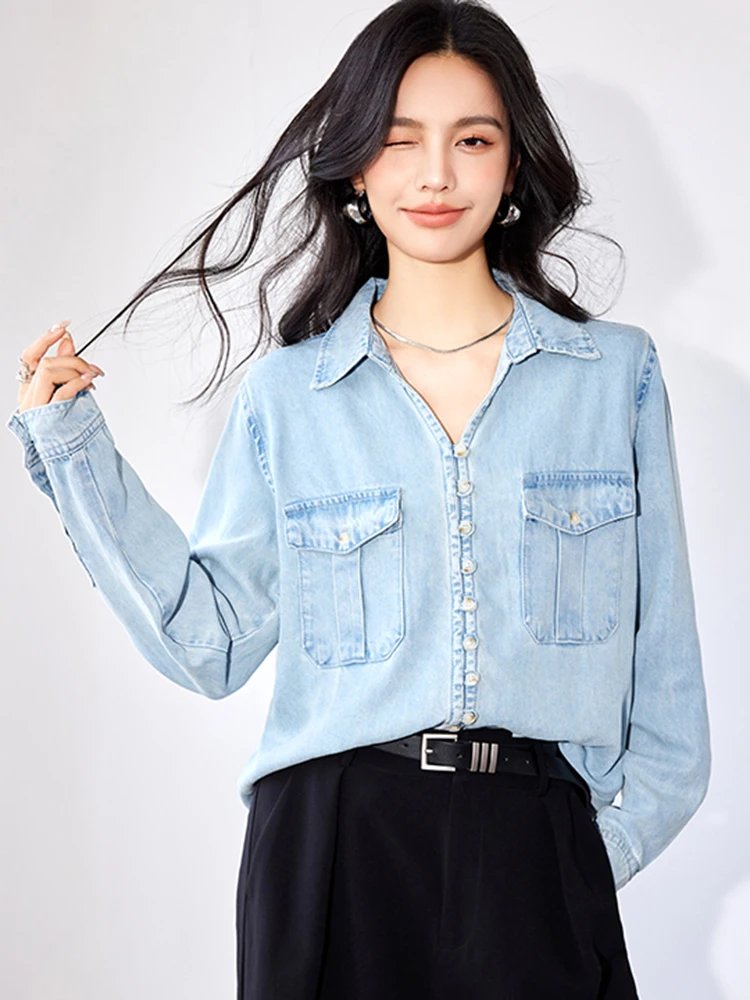 Oiinaa Denim Shirts for Women Tops Blue Designer Pockets Casual Basic Blouse Single Breasted Shirt Korean Fashion Loose Coat New