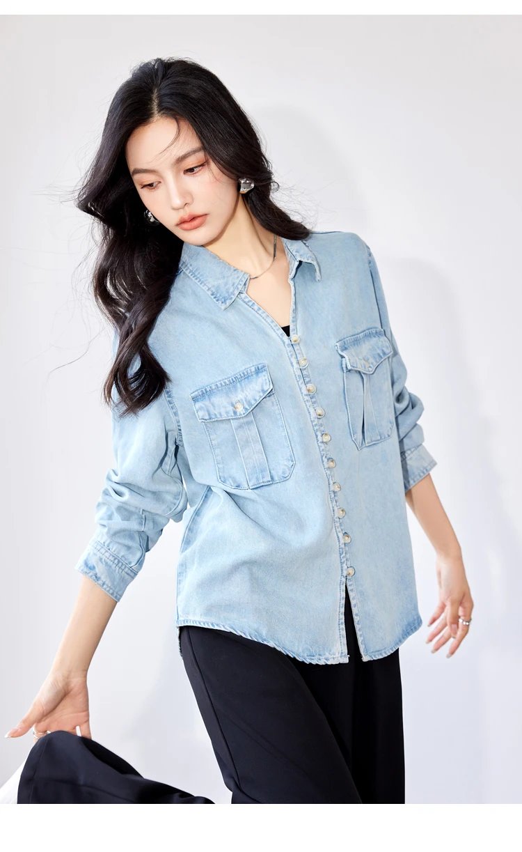 Oiinaa Denim Shirts for Women Tops Blue Designer Pockets Casual Basic Blouse Single Breasted Shirt Korean Fashion Loose Coat New