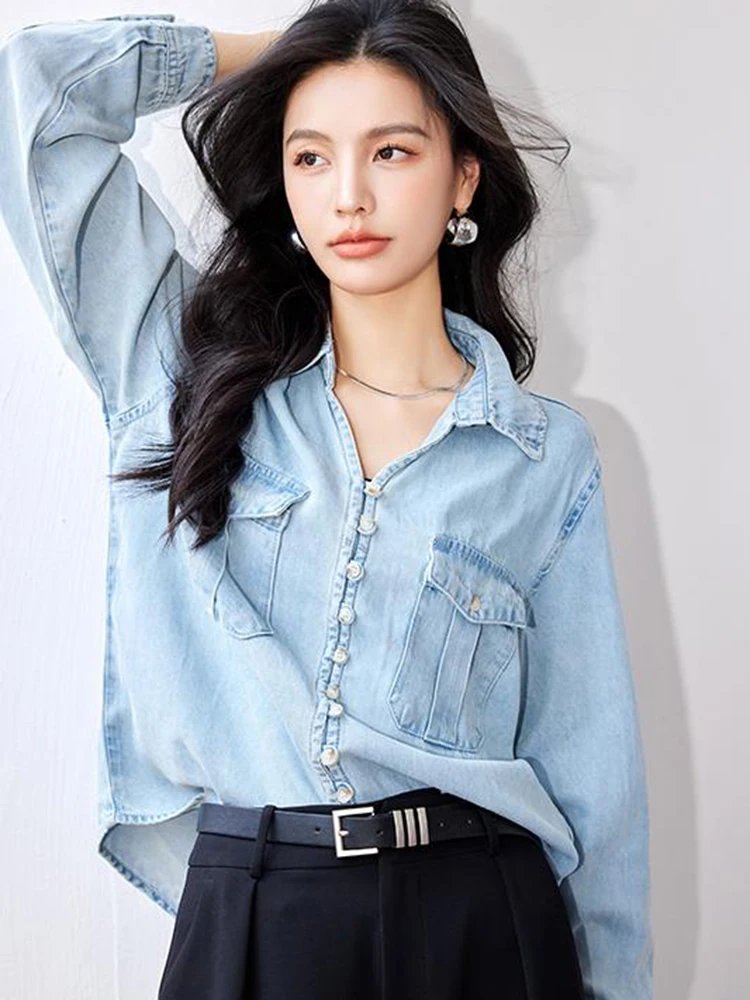 Oiinaa Denim Shirts for Women Tops Blue Designer Pockets Casual Basic Blouse Single Breasted Shirt Korean Fashion Loose Coat New