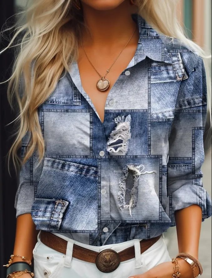 2023 Women's Vintage Autumn Blouses New Feshion Long Sleeve Imitation Denim Print Patchwork Casual Women Shirt 5xl Top Clothing