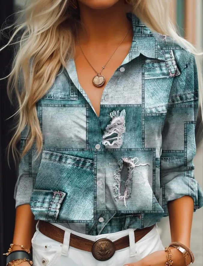 2023 Women's Vintage Autumn Blouses New Feshion Long Sleeve Imitation Denim Print Patchwork Casual Women Shirt 5xl Top Clothing