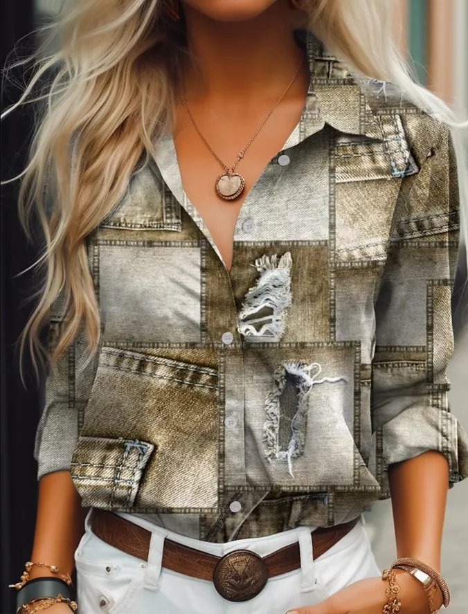 2023 Women's Vintage Autumn Blouses New Feshion Long Sleeve Imitation Denim Print Patchwork Casual Women Shirt 5xl Top Clothing