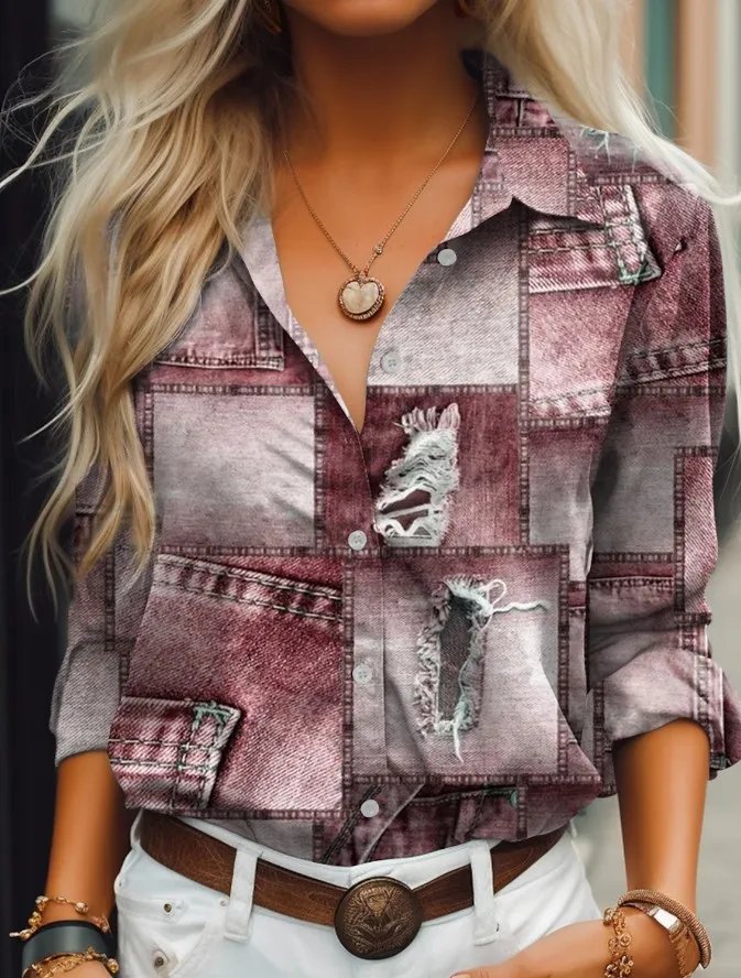 2023 Women's Vintage Autumn Blouses New Feshion Long Sleeve Imitation Denim Print Patchwork Casual Women Shirt 5xl Top Clothing