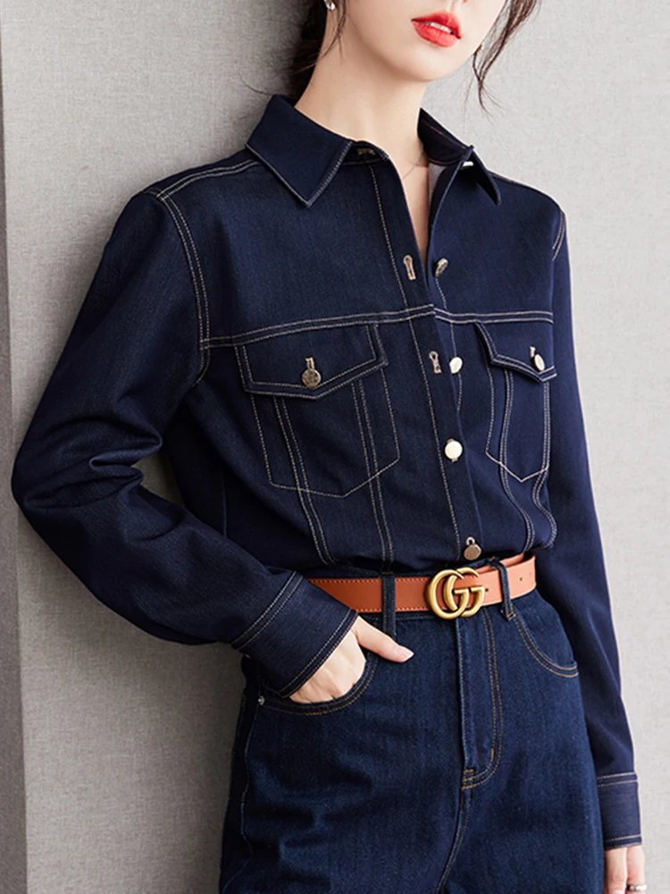 Casual Denim Shirts For Women 2024 Fashion Vintage Women's Long Sleeve Loose Shirt Korean Style Single-Breasted Tops