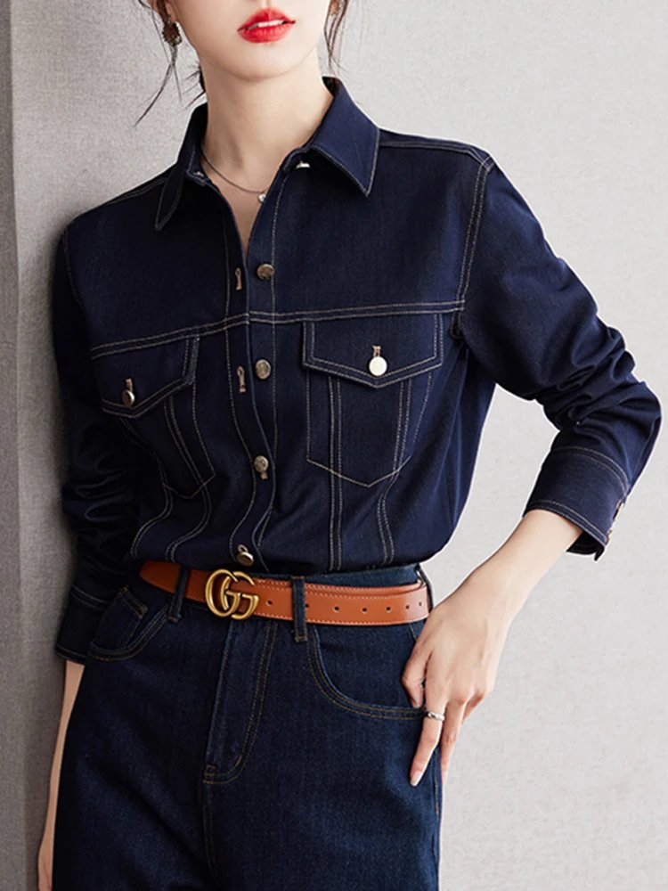 Casual Denim Shirts For Women 2024 Fashion Vintage Women's Long Sleeve Loose Shirt Korean Style Single-Breasted Tops