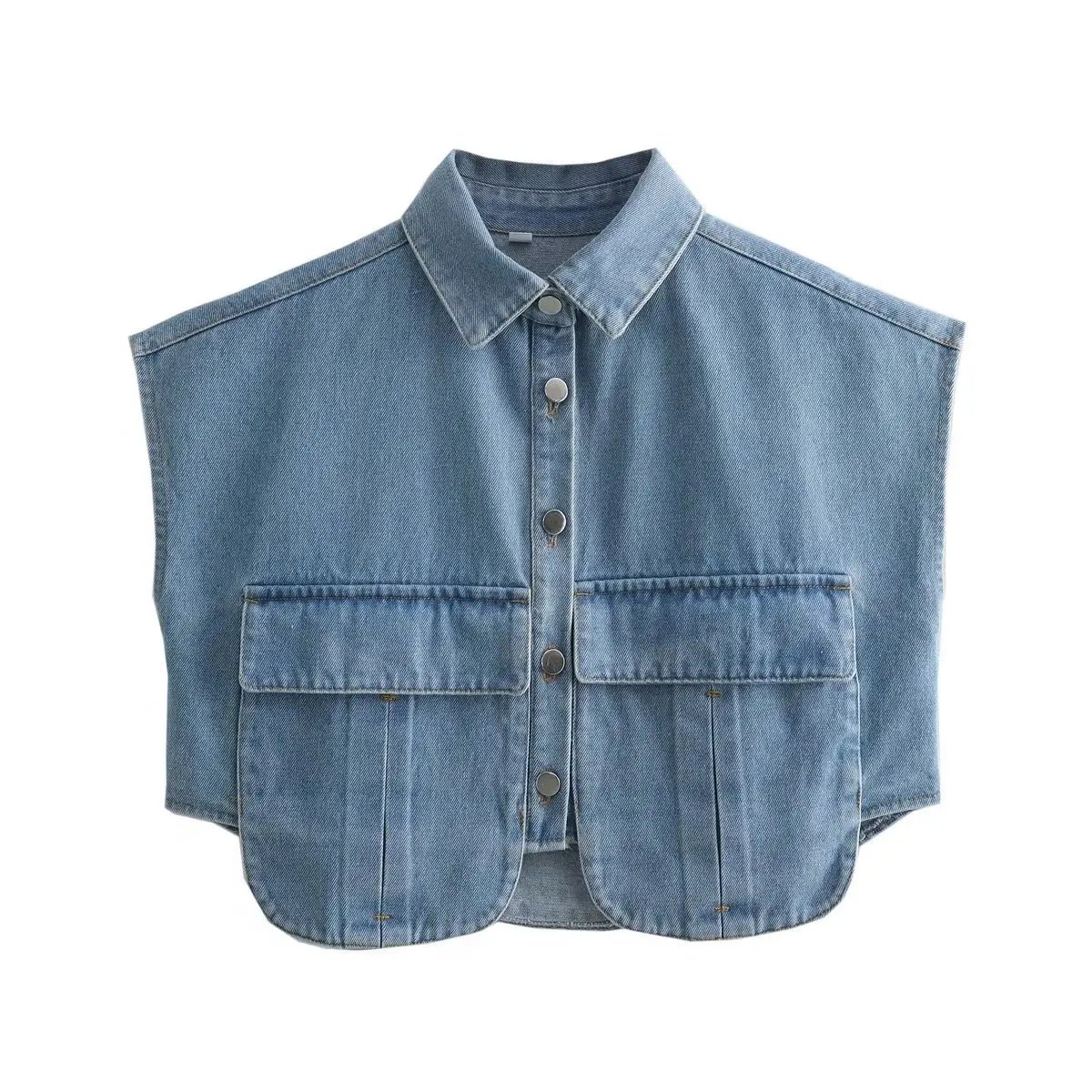 Ladies Fashion With Pockets Cropped Denim Blouse Shirts Women Sexy Sleeveless Button-up Female Blouses Blusas Chic Tops Female