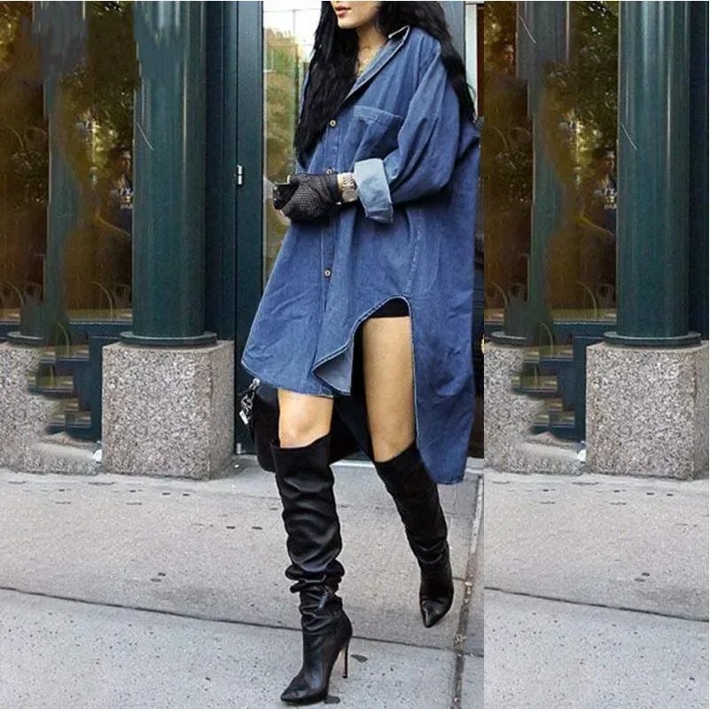 Women's S-5XL new long sleeved denim irregular side shirt top coat loose design comfortable and casual denim jacket women