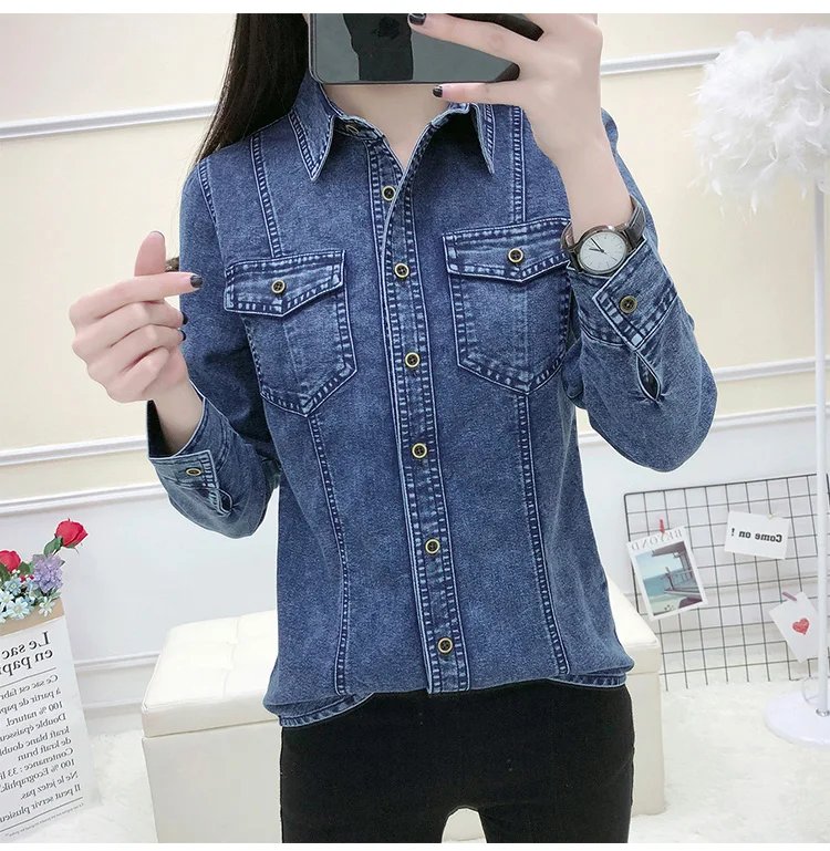 New 2023 Autumn Winter Denim Shirt Women Super High Quality Single Buttons Pockets Long Sleeve Top Femme Korean Shirts Blouses