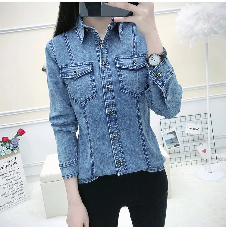 New 2023 Autumn Winter Denim Shirt Women Super High Quality Single Buttons Pockets Long Sleeve Top Femme Korean Shirts Blouses