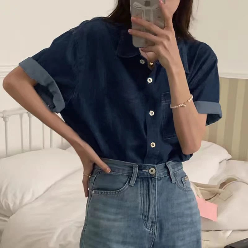 ZANZEA Women Fashion Denim Shirt Summer Lapel Neck Short Sleeve Tops 2024 Vintage Blue Button Tunic Casual Loose Blouse Oversize