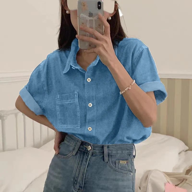 ZANZEA Women Fashion Denim Shirt Summer Lapel Neck Short Sleeve Tops 2024 Vintage Blue Button Tunic Casual Loose Blouse Oversize