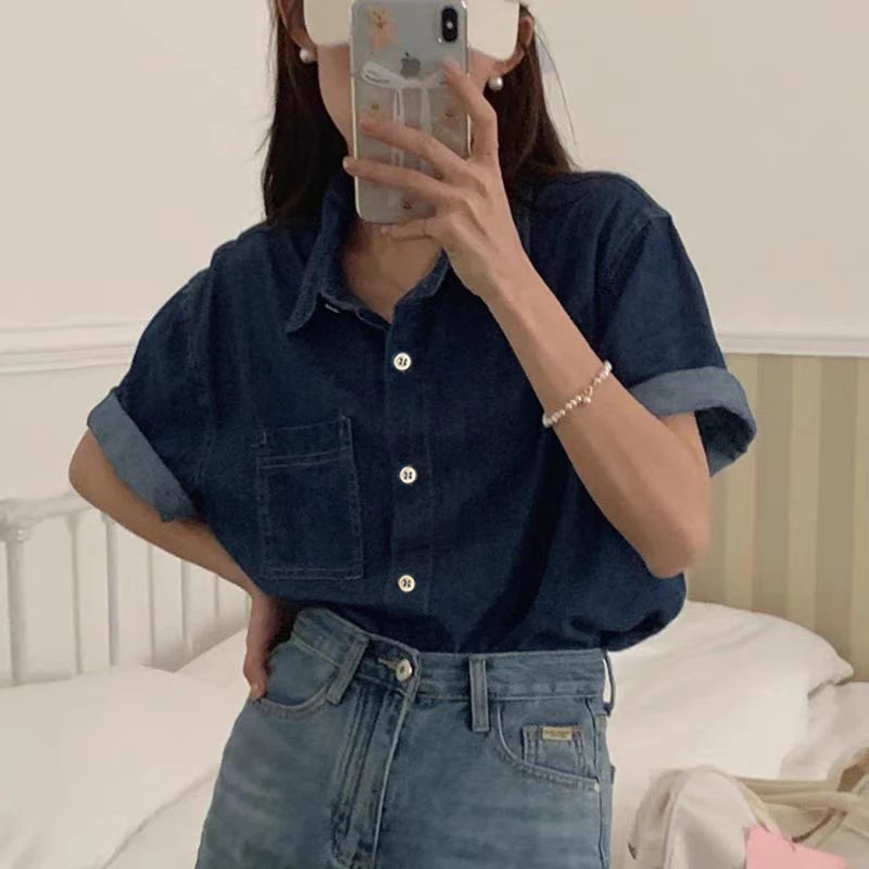 ZANZEA Women Fashion Denim Shirt Summer Lapel Neck Short Sleeve Tops 2024 Vintage Blue Button Tunic Casual Loose Blouse Oversize