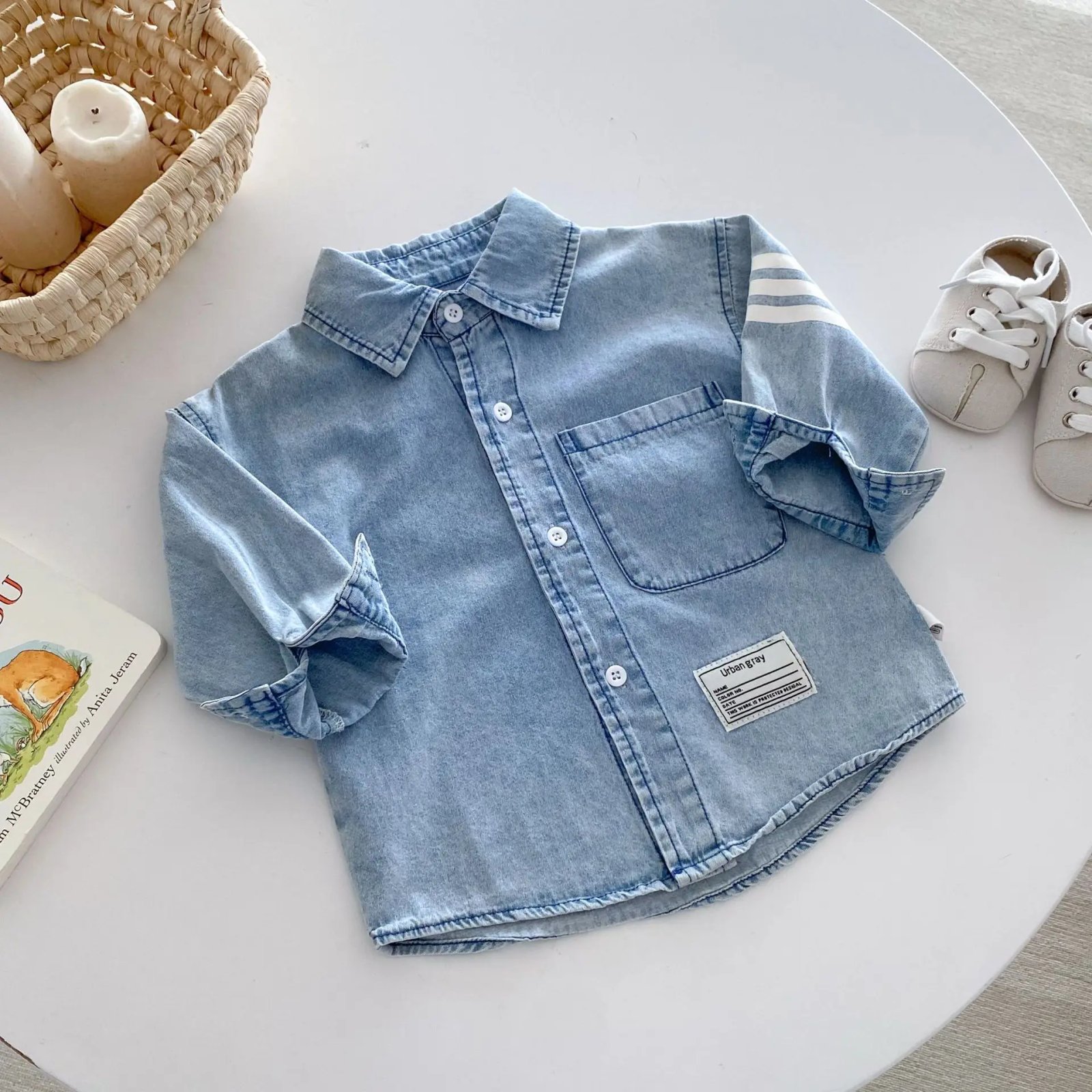 Toddler Boys Denim Shirts Spring Autumn New Turn Down Collar Sticker Baby Boys Blouse Striped Single Breasted Little Boys Tops