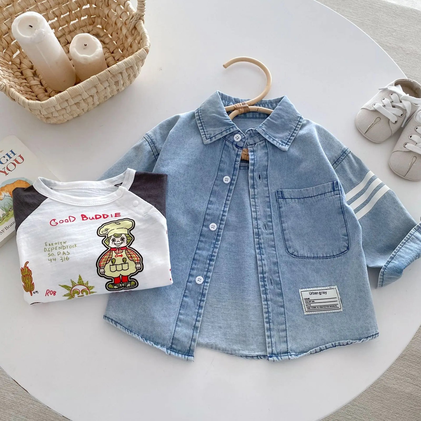 Toddler Boys Denim Shirts Spring Autumn New Turn Down Collar Sticker Baby Boys Blouse Striped Single Breasted Little Boys Tops