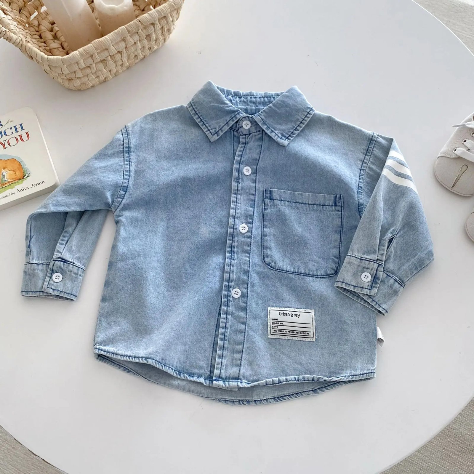 Toddler Boys Denim Shirts Spring Autumn New Turn Down Collar Sticker Baby Boys Blouse Striped Single Breasted Little Boys Tops