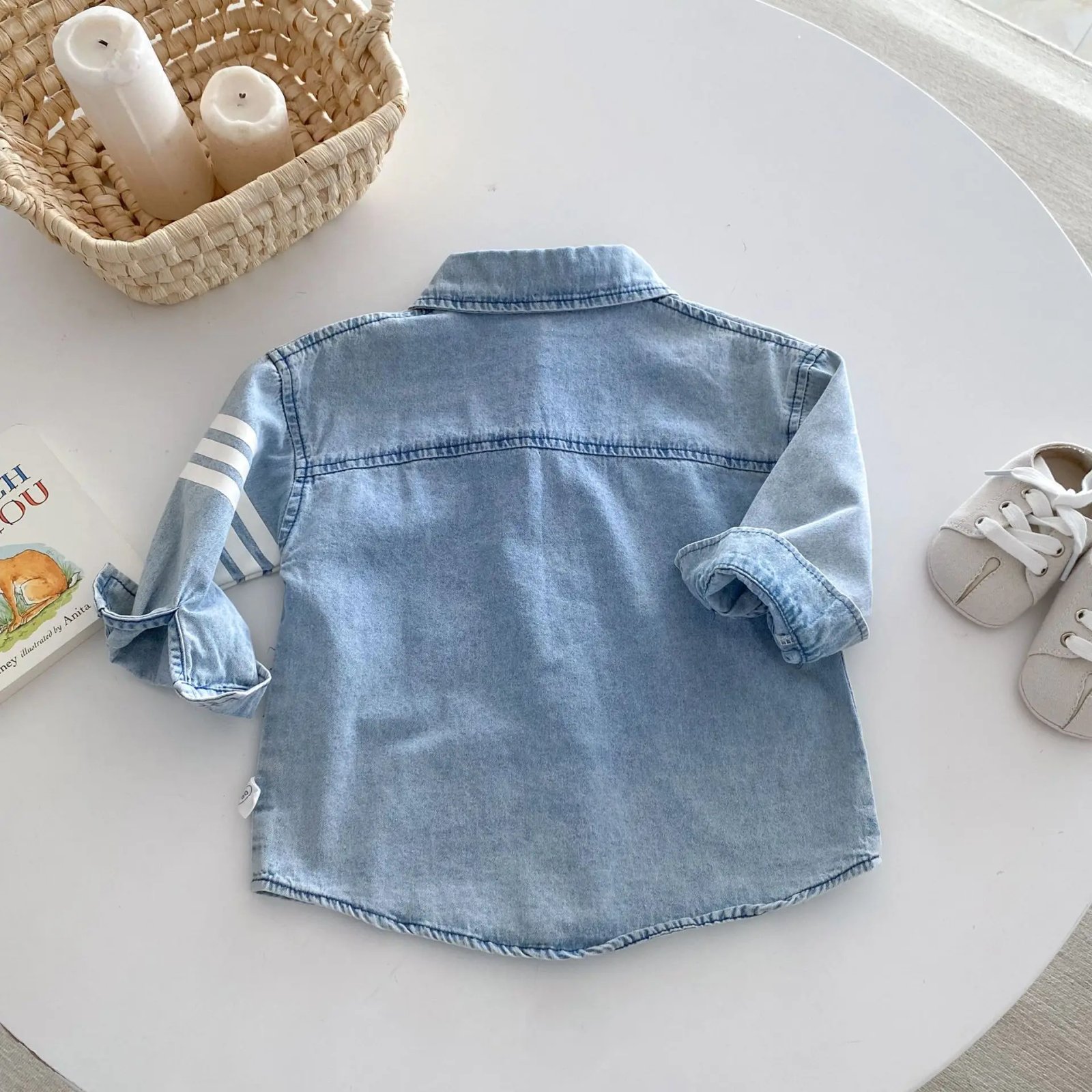 Toddler Boys Denim Shirts Spring Autumn New Turn Down Collar Sticker Baby Boys Blouse Striped Single Breasted Little Boys Tops