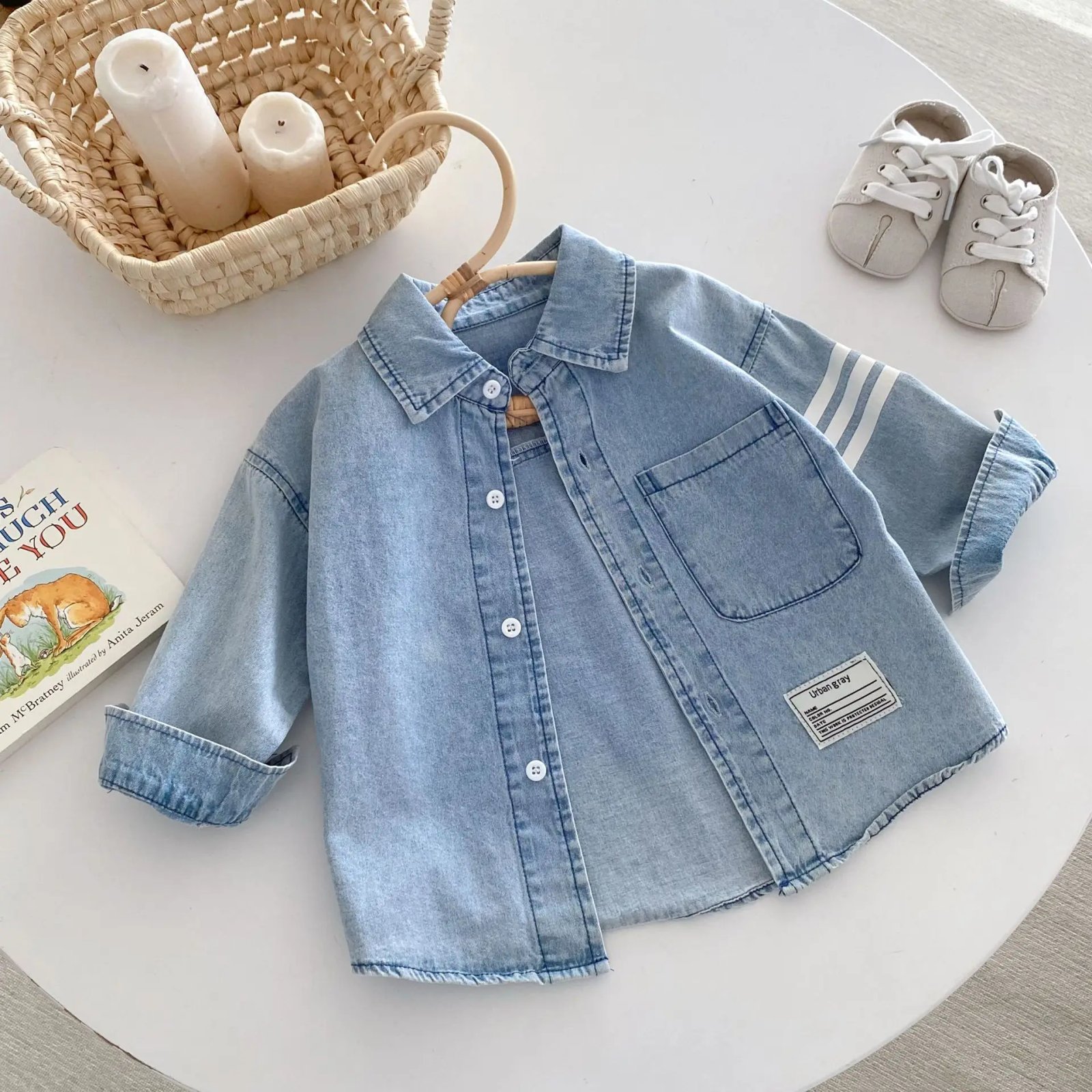 Toddler Boys Denim Shirts Spring Autumn New Turn Down Collar Sticker Baby Boys Blouse Striped Single Breasted Little Boys Tops