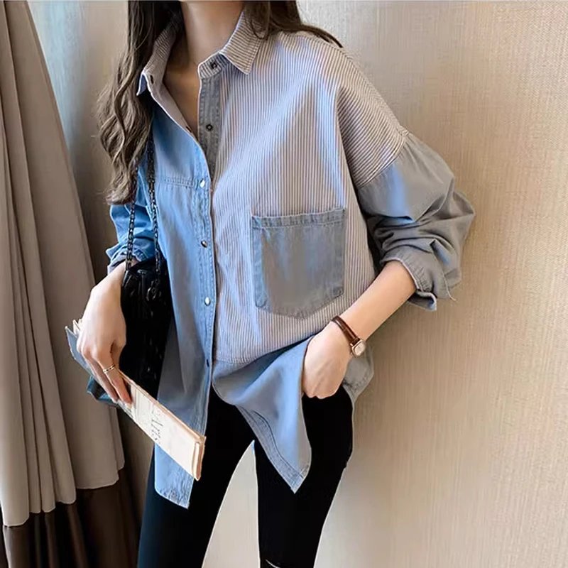 Women's Long Sleeve Denim Shirt, Loose Cotton Blouse, Turn Down Collar, Dark Blue Tops, Korean Fashion, Autumn, New, 7256