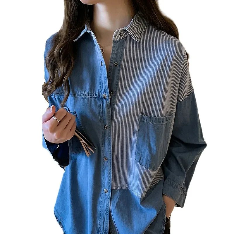 Women's Long Sleeve Denim Shirt, Loose Cotton Blouse, Turn Down Collar, Dark Blue Tops, Korean Fashion, Autumn, New, 7256