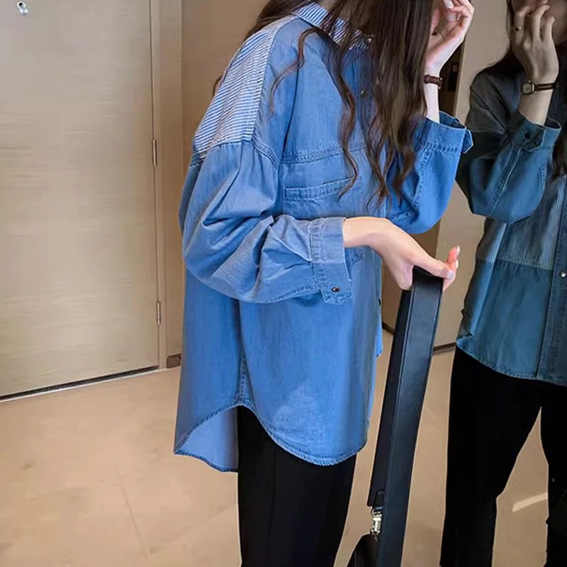 Women's Long Sleeve Denim Shirt, Loose Cotton Blouse, Turn Down Collar, Dark Blue Tops, Korean Fashion, Autumn, New, 7256