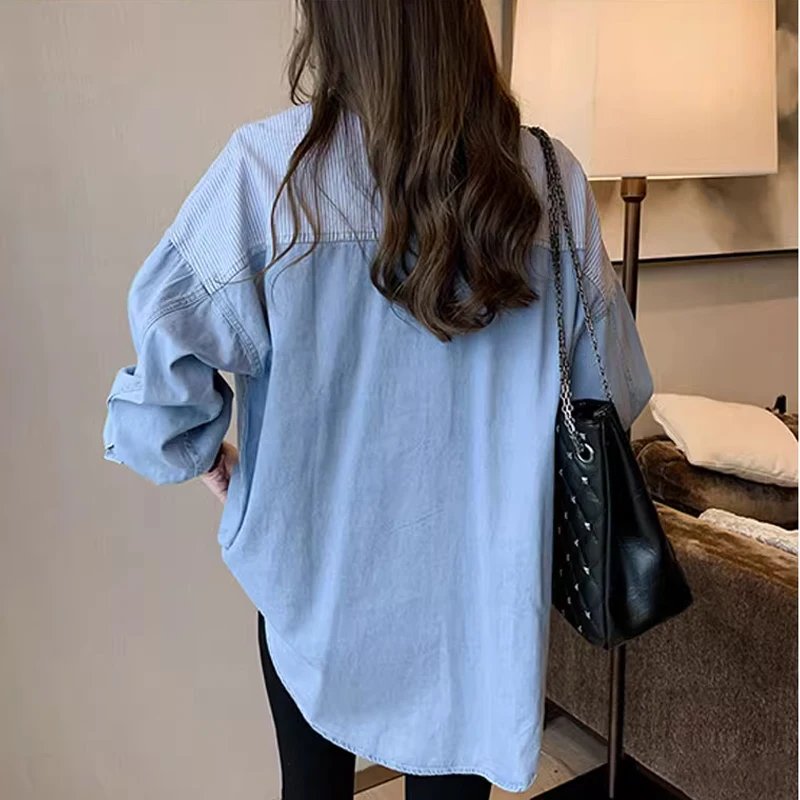 Women's Long Sleeve Denim Shirt, Loose Cotton Blouse, Turn Down Collar, Dark Blue Tops, Korean Fashion, Autumn, New, 7256