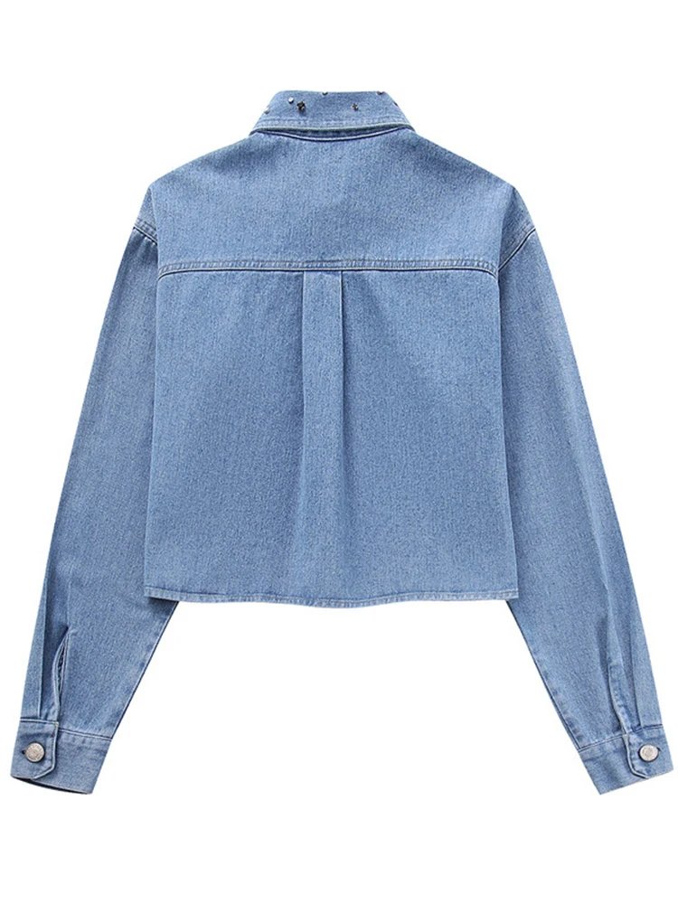 OIINAA Diamonds Shirts for Women Denim Long Sleeve Single-Breasted Blue Short Tops Casual Fashion Elegant Office Lady New Blouse