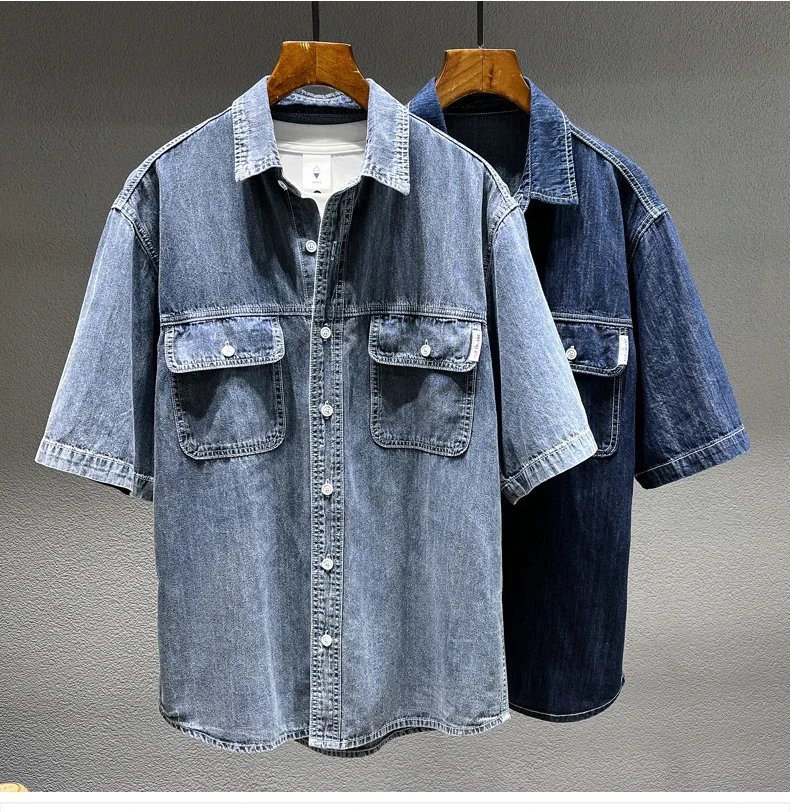 Summer New Men's Denim Short-sleeved Shirt Retro Large Size Tooling Loose Casual Denim Tops All-match 7XL 8XL