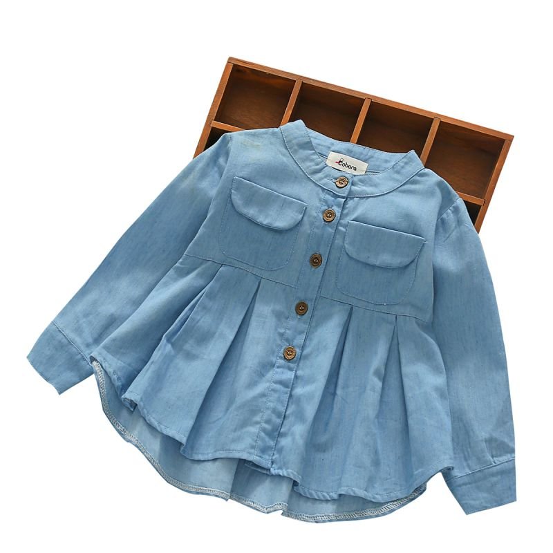 1-7Y Solid Jean Children Kids Long Sleeve Denim Girl Blouses Shirts Clothing Autumn Baby Girls Jeans Shirts Fall Spring Summer