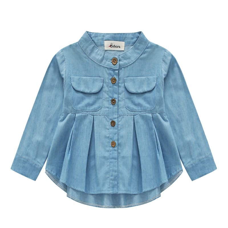 1-7Y Solid Jean Children Kids Long Sleeve Denim Girl Blouses Shirts Clothing Autumn Baby Girls Jeans Shirts Fall Spring Summer