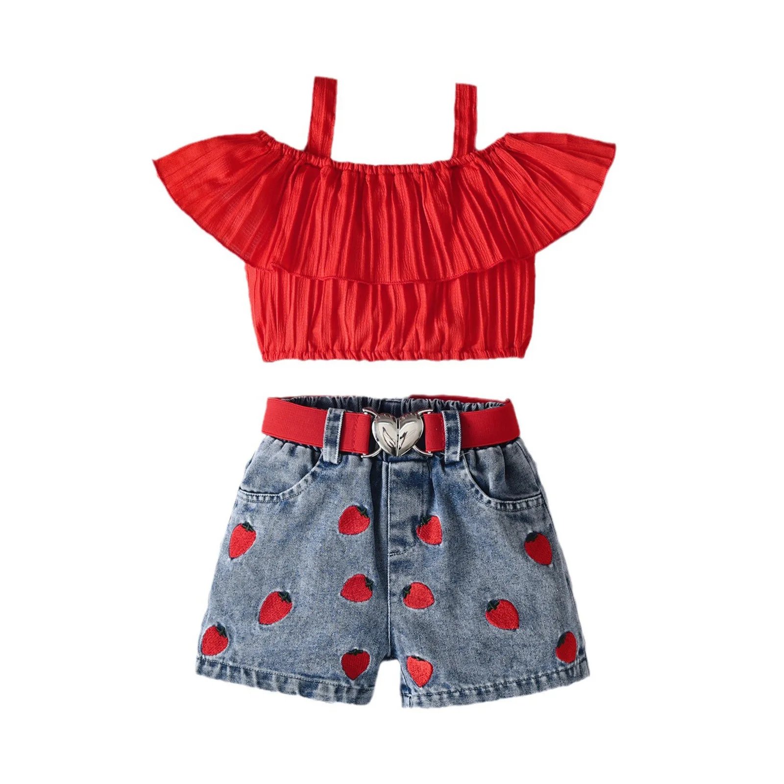 Toddler Girls Off Shoulder T Shirt Tops Denim Strawberry Embroider Shorts Outfits Baby Shoes