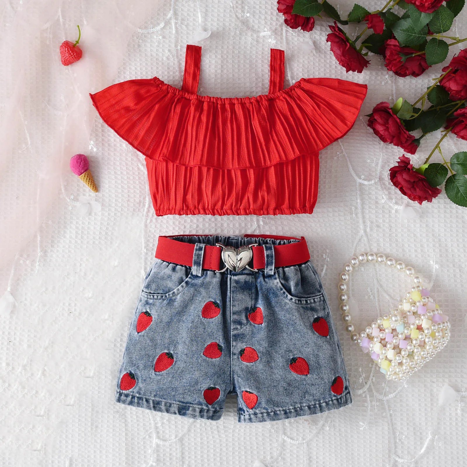 Toddler Girls Off Shoulder T Shirt Tops Denim Strawberry Embroider Shorts Outfits Baby Shoes