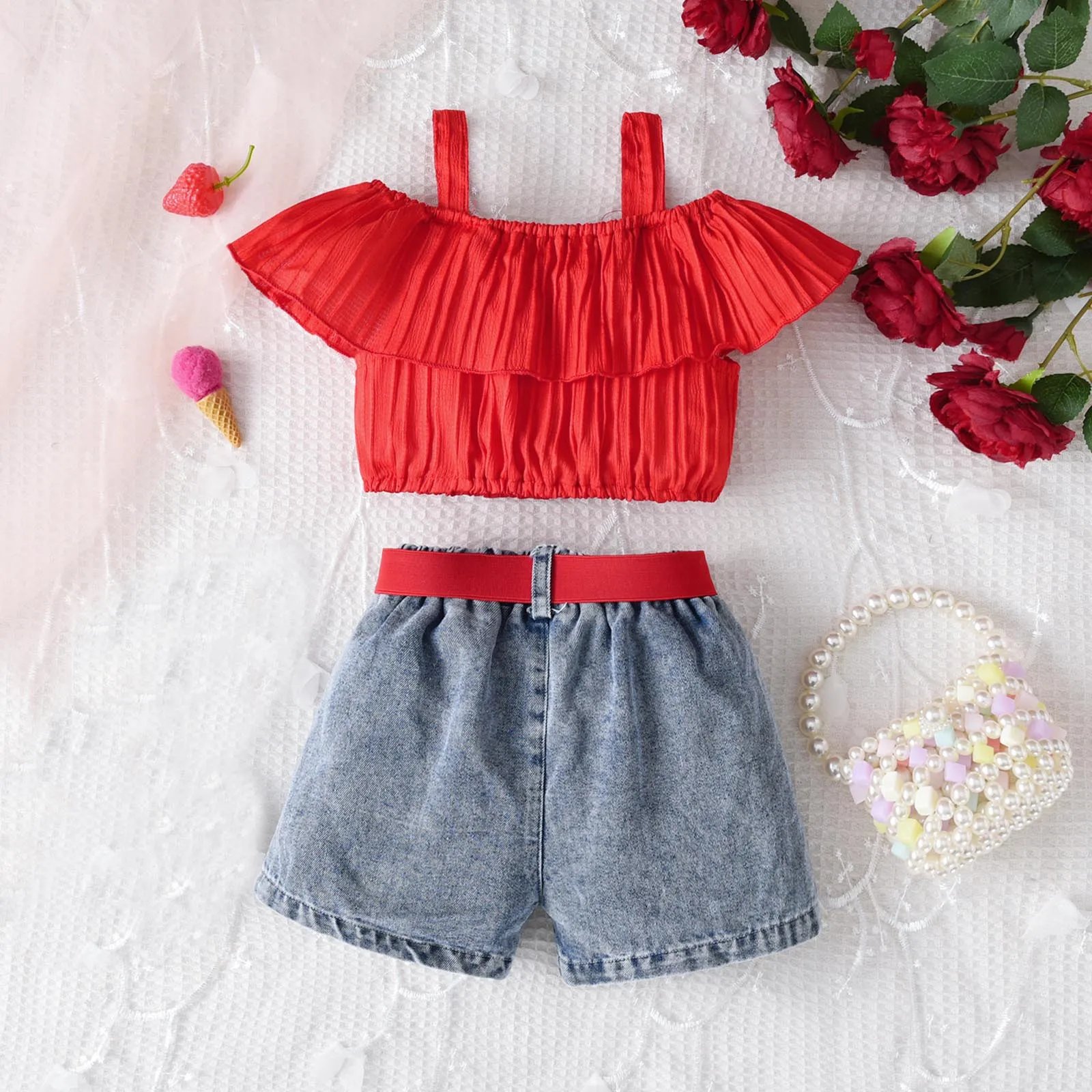 Toddler Girls Off Shoulder T Shirt Tops Denim Strawberry Embroider Shorts Outfits Baby Shoes