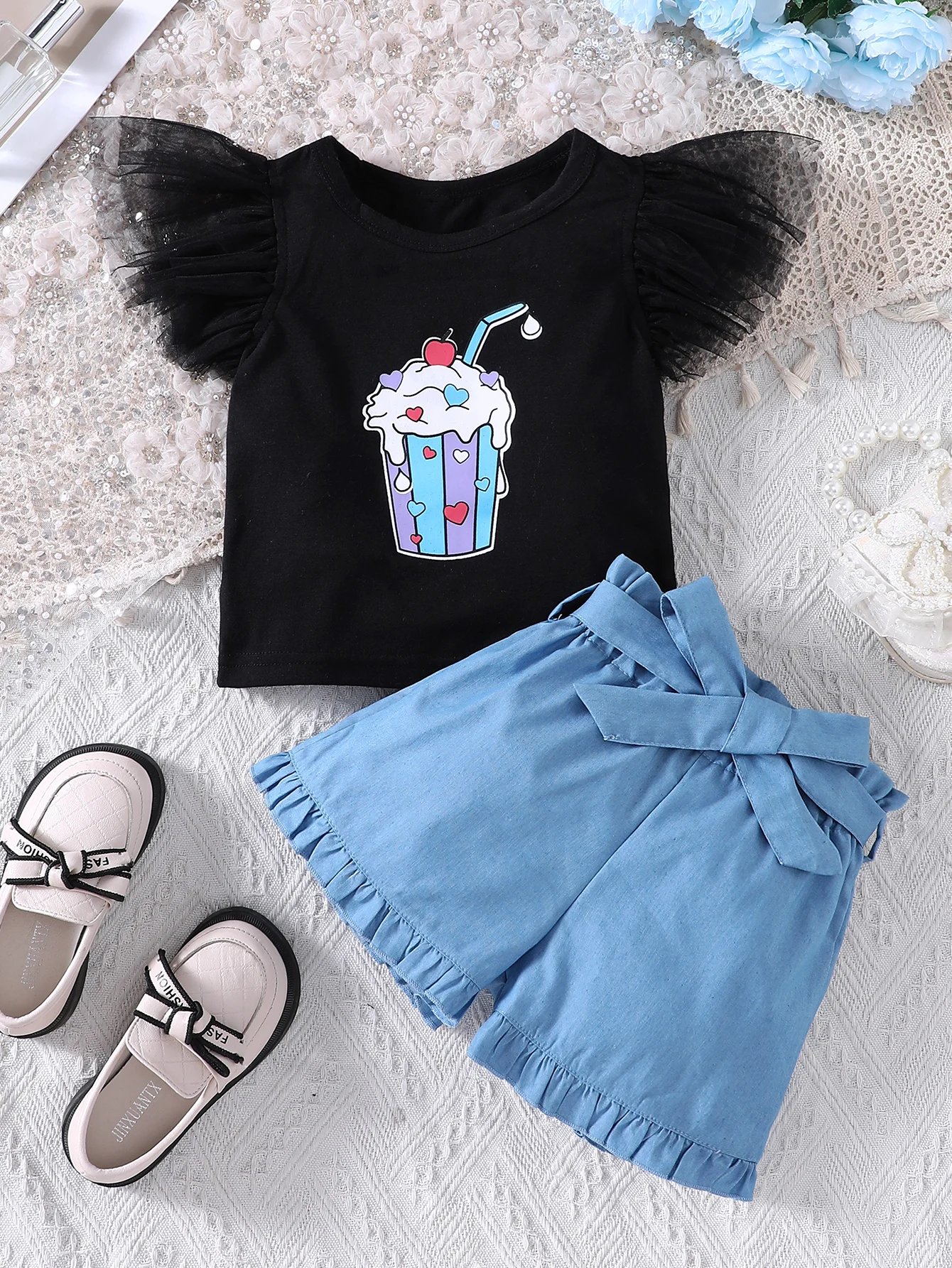 Girls' summer new ice cream printed mesh small flying sleeve T-shirt + imitation denim shorts two-piece casual set,