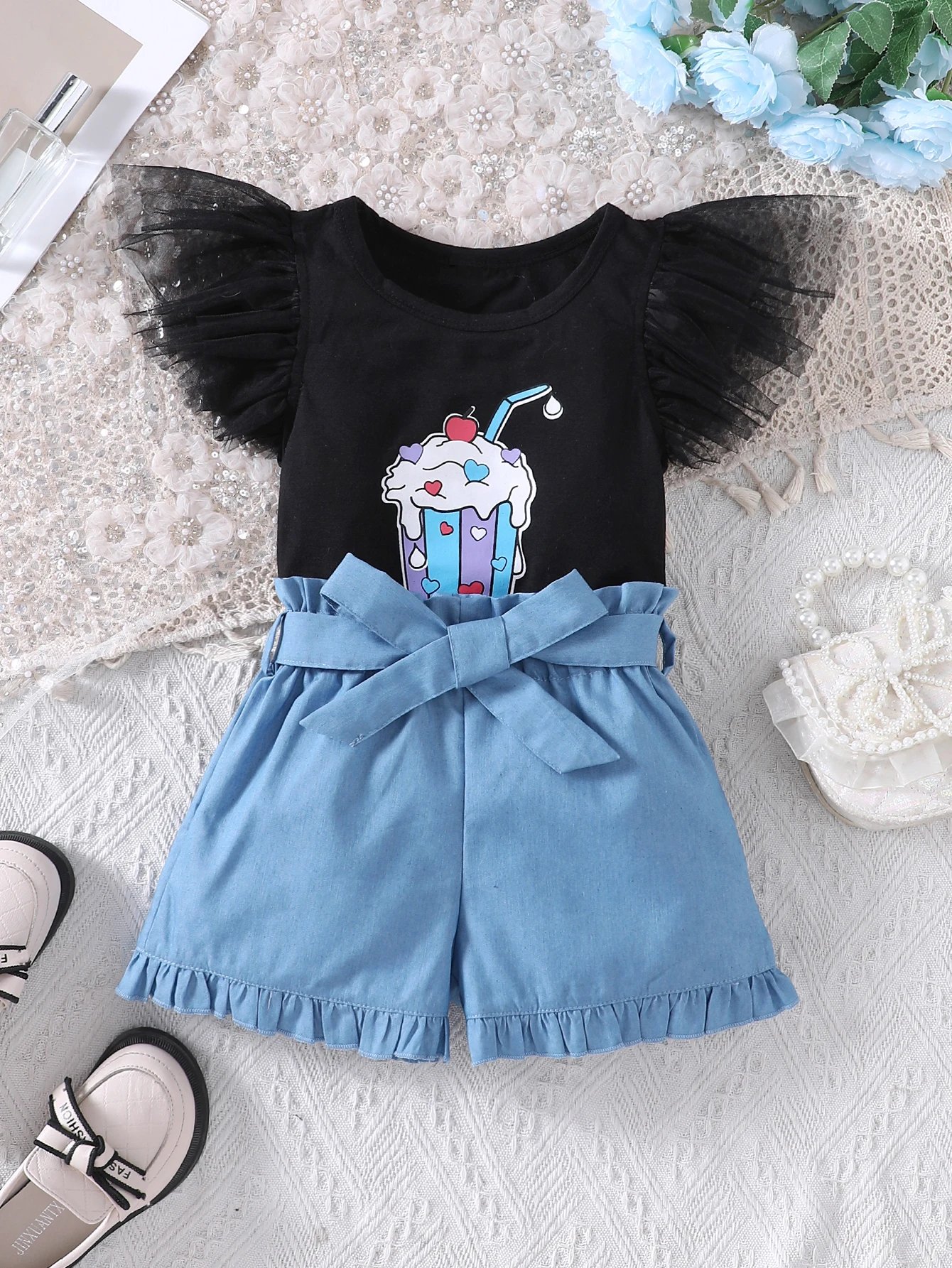 Girls' summer new ice cream printed mesh small flying sleeve T-shirt + imitation denim shorts two-piece casual set,