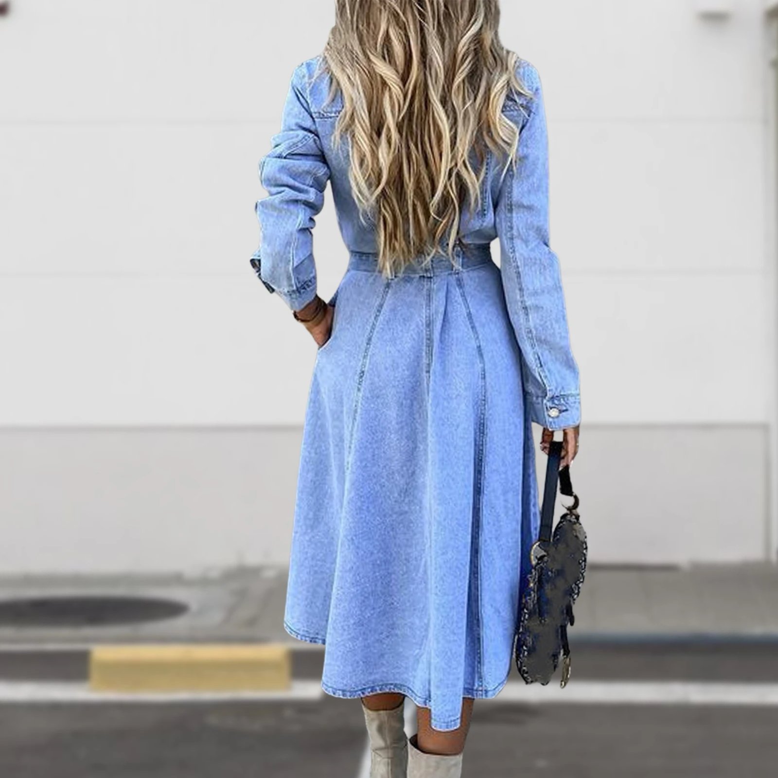 Lapel Collar Dress with Pockets Single Breasted Women Classic Dress Solid Color Loose Fit Long Sleeve Simple Daily Outfit