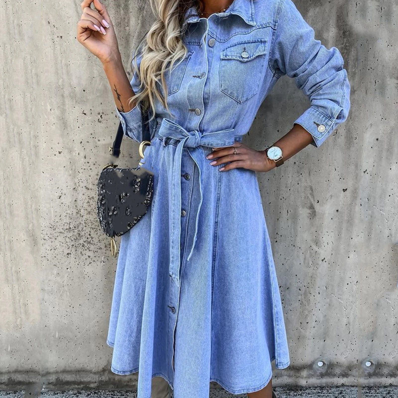 Lapel Collar Dress with Pockets Single Breasted Women Classic Dress Solid Color Loose Fit Long Sleeve Simple Daily Outfit