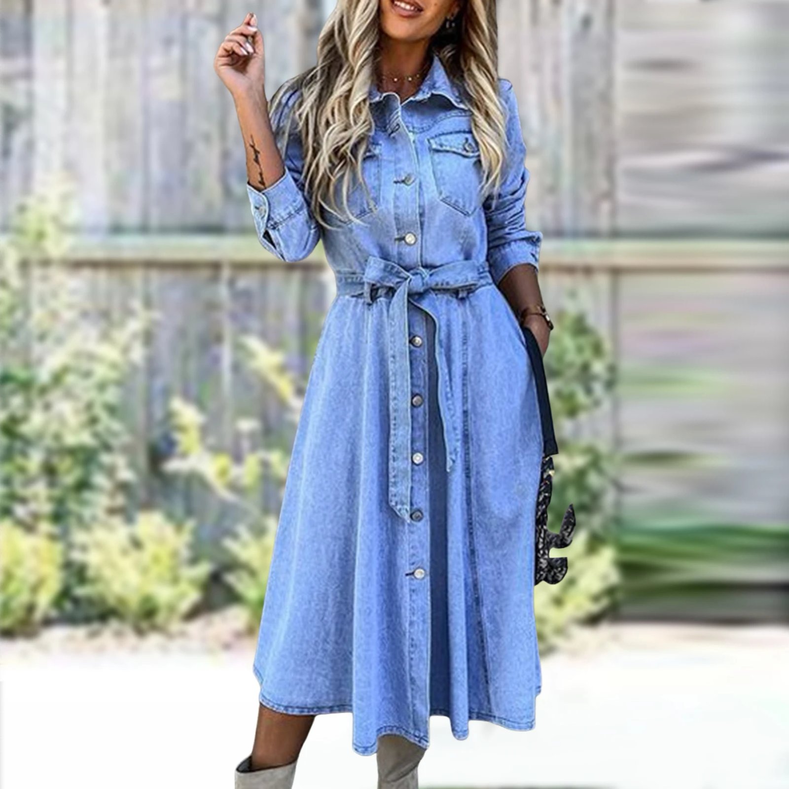 Lapel Collar Dress with Pockets Single Breasted Women Classic Dress Solid Color Loose Fit Long Sleeve Simple Daily Outfit