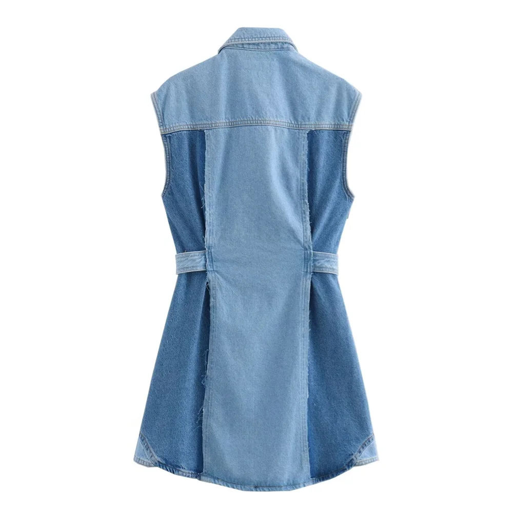 PB&ZA 2024 Spring New Women's Fashion and Elegance Slim Fit Versatile Patchwork Short Sleeveless Denim Dress