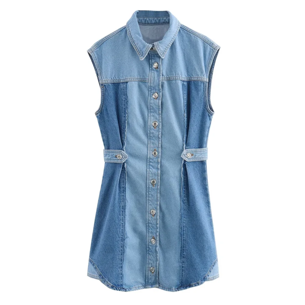 PB&ZA 2024 Spring New Women's Fashion and Elegance Slim Fit Versatile Patchwork Short Sleeveless Denim Dress