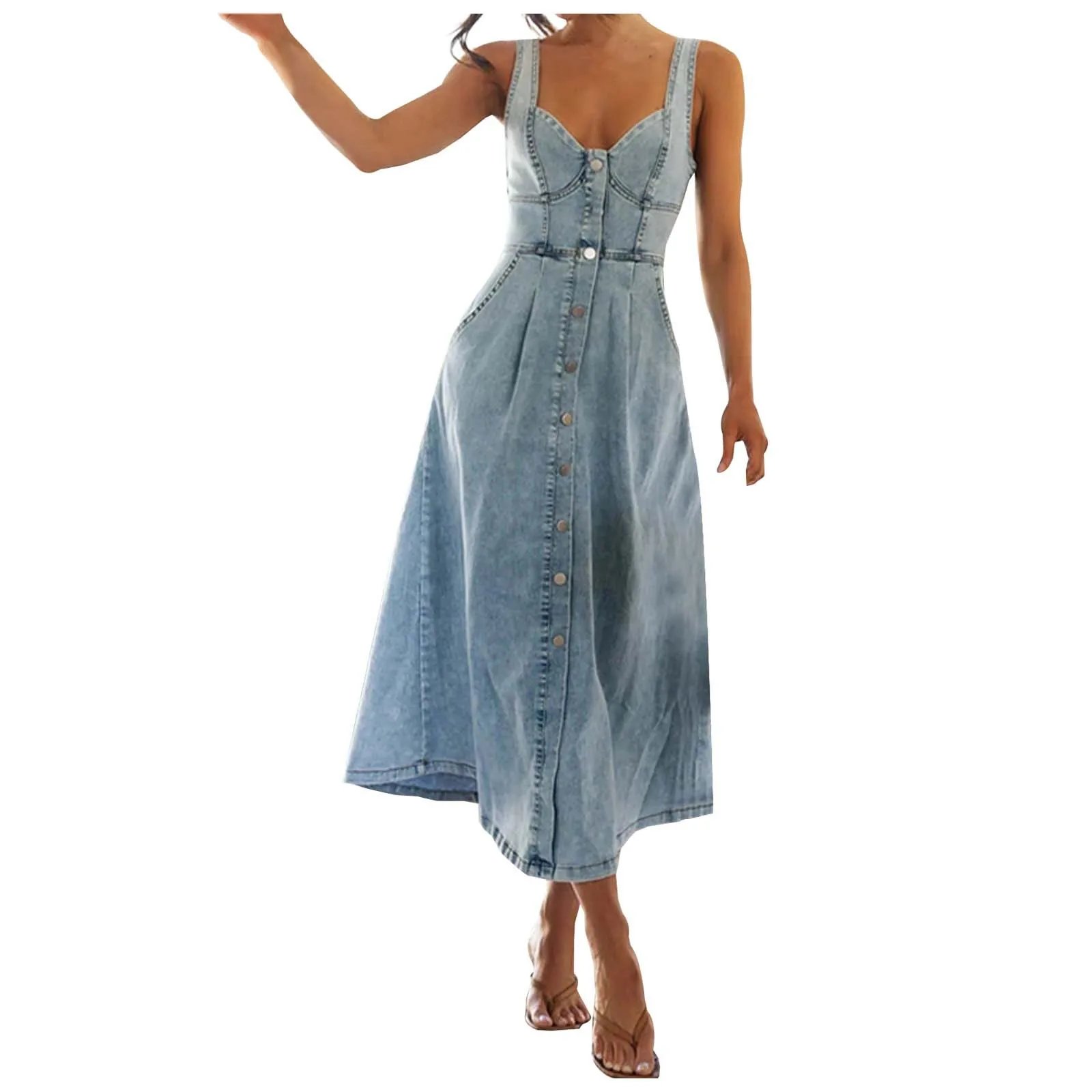 Women's Fashion Denim Long Dresses High Waist Sling Sleeveless V Neck Elegant Maxi Dress Slim Fit Backless Tank Dress Vestidos