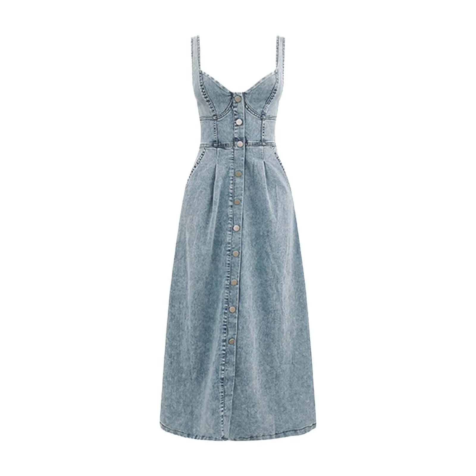 Women's Fashion Denim Long Dresses High Waist Sling Sleeveless V Neck Elegant Maxi Dress Slim Fit Backless Tank Dress Vestidos