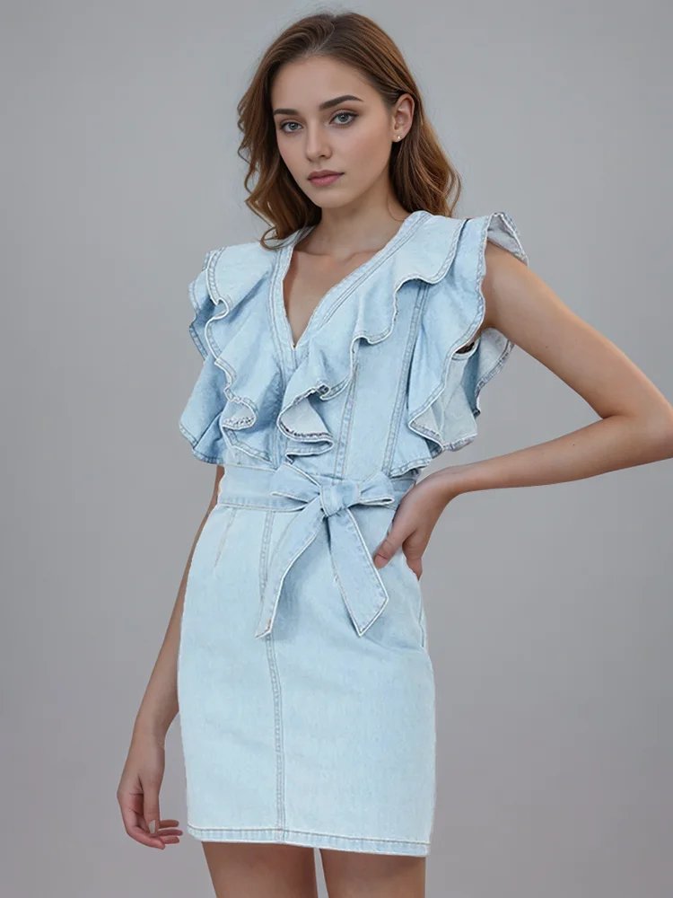 Korean Denim Dresses For Women V Neck Sleeveless Gathered Waist Patchwork Bowknot Slim Dress Female Summer Fashion New