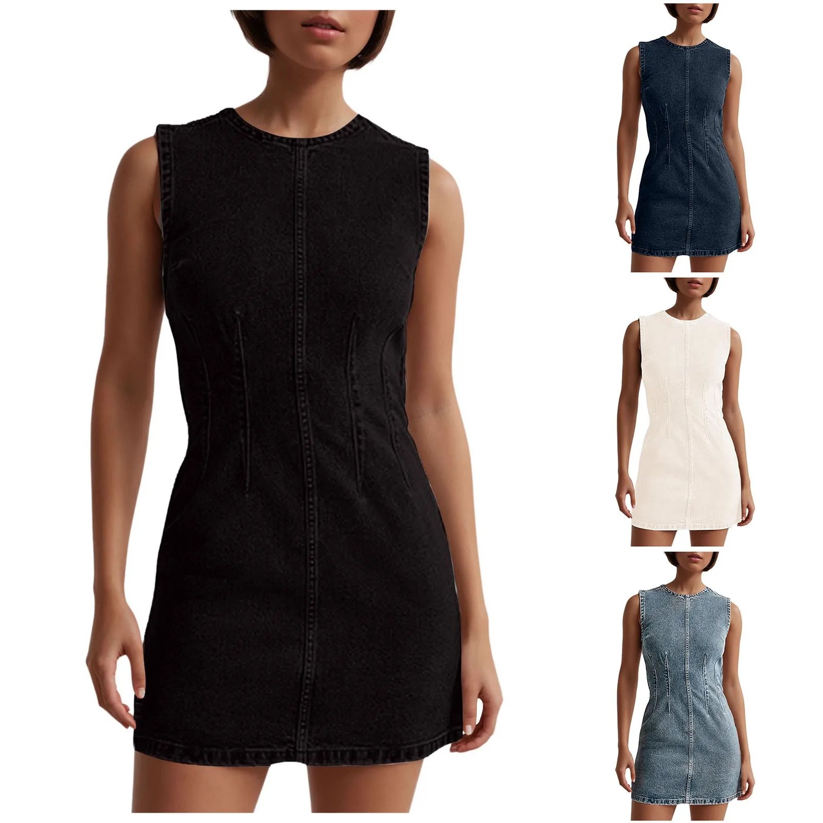 Women’S Sleeveless Bodycon Dresses Round Neck Denim Evening Party Mini Dress Casual Waist Tank Jean Dresses Vestidos Para Mujer