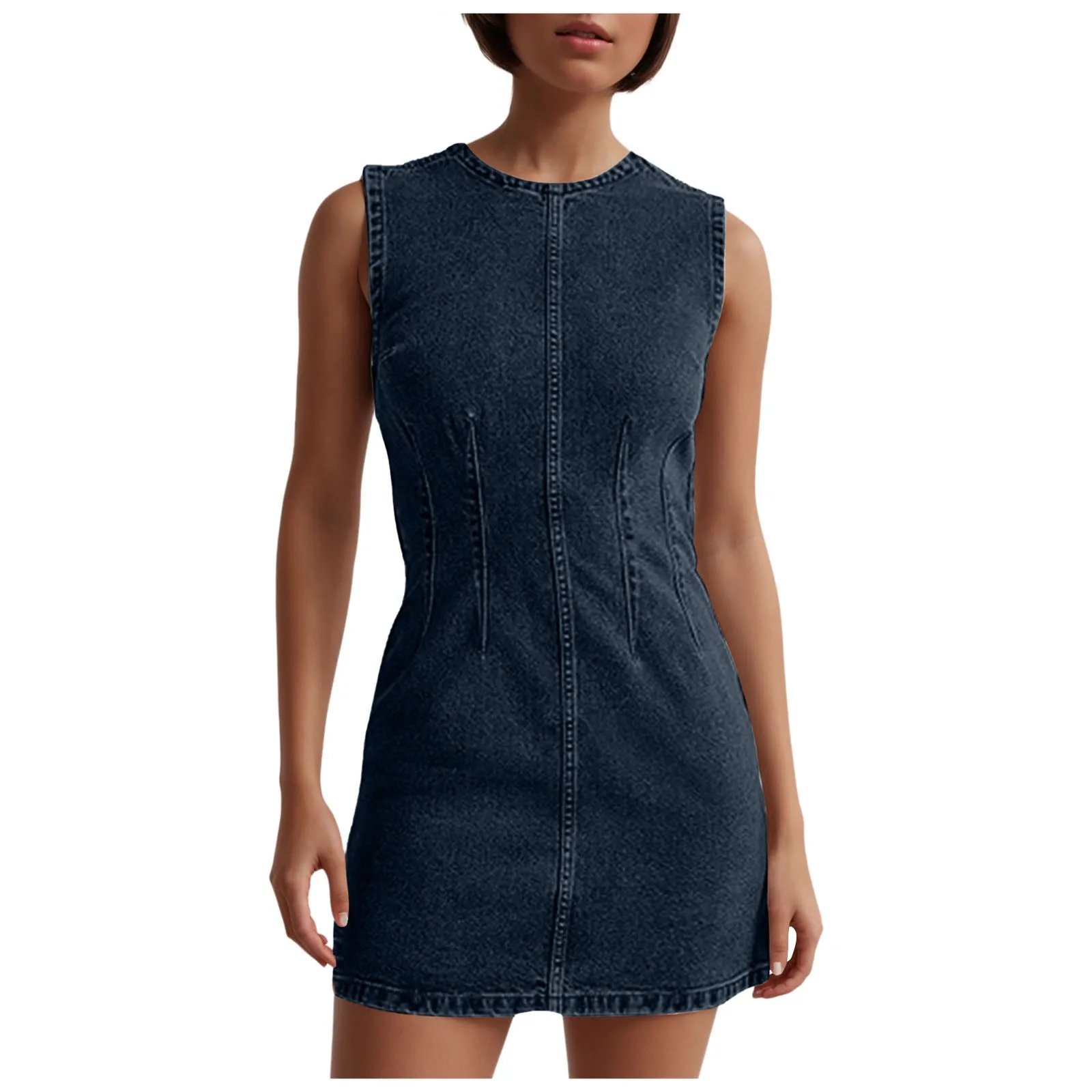 Women’S Sleeveless Bodycon Dresses Round Neck Denim Evening Party Mini Dress Casual Waist Tank Jean Dresses Vestidos Para Mujer