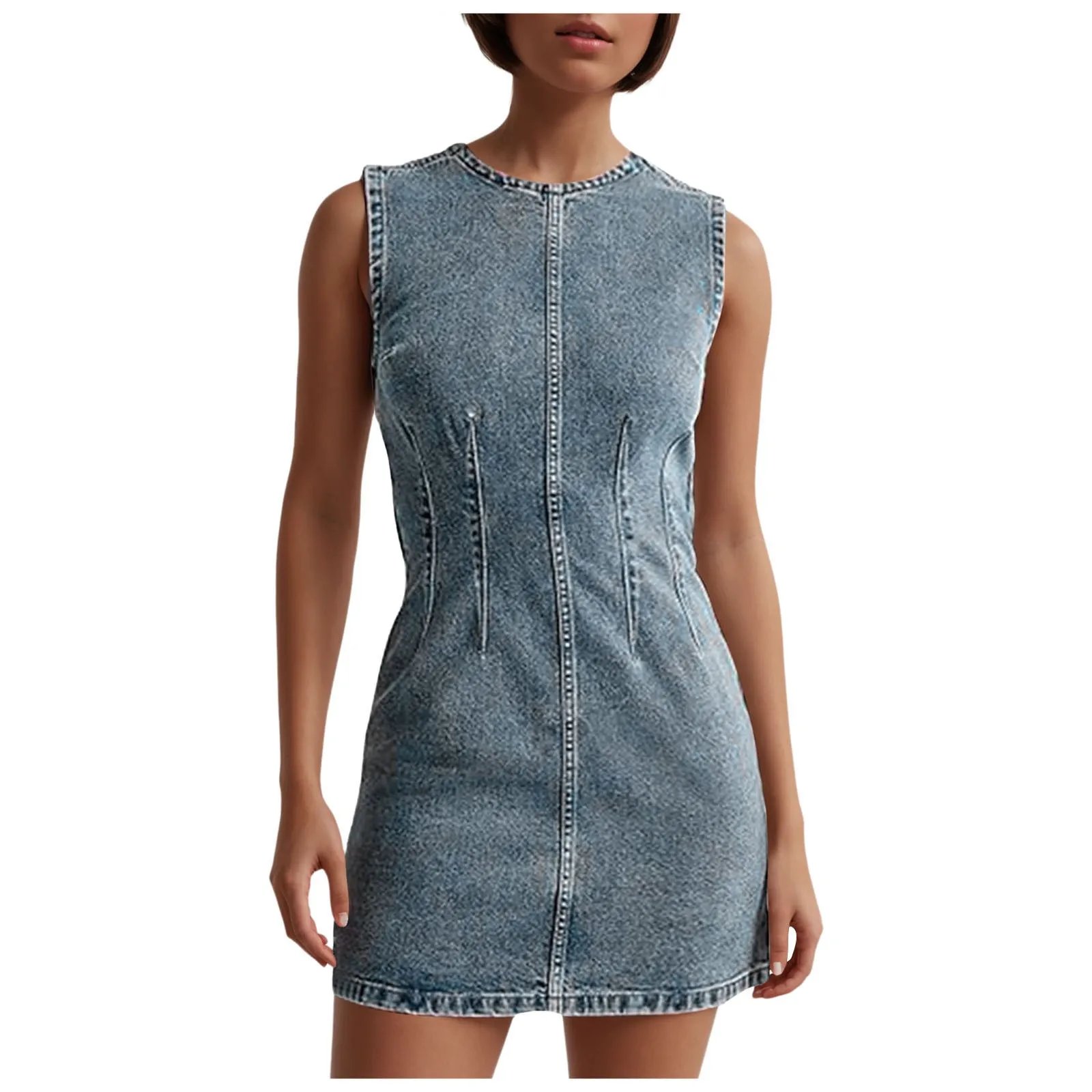 Women’S Sleeveless Bodycon Dresses Round Neck Denim Evening Party Mini Dress Casual Waist Tank Jean Dresses Vestidos Para Mujer